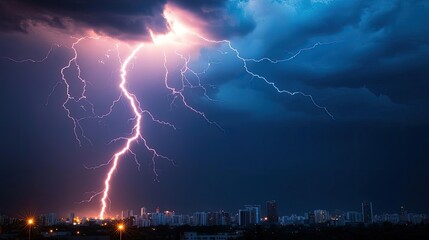 Dramatic lightning striking city skyline during stormy night, dark clouds above.