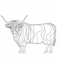 A minimalist line drawing of a Highland cow, showcasing its distinctive long hair and horns.