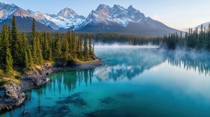 Aerial View of Pristine Alpine Lake: Snow-Capped Mountains, Turquoise Reflections, Rocky Shoreline, Mist, and Pine Trees in Cinematic Ultra HD Photography.