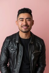 Obraz premium Confident Young Man in Black Leather Jacket Against Soft Pink Background