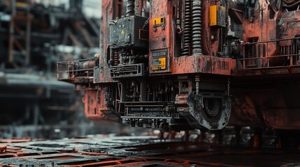 A close-up view of a weathered industrial machine at a construction site during daylight, showcasing heavy-duty engineering and rust