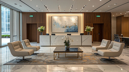 A luxurious office reception with marble floors