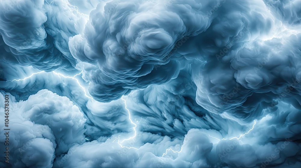 Poster Dramatic storm clouds illuminated by flashes of lightning in a moody sky.