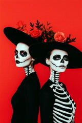 Two women in skeleton makeup and black hats with flowers. La Catrina make up. Day of the Dead costume for Halloween party