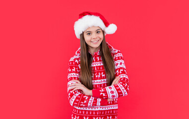 happy new year. happy teen girl in red new year santa hat in studio. teen santa new year girl