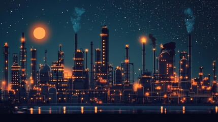 Fototapeta premium Aerial view of a futuristic oil refinery complex with multiple drilling platforms operating at night, emitting bright lights and smoke