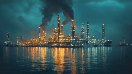 Obraz premium Aerial view of a futuristic oil refinery complex with multiple drilling platforms operating at night, emitting bright lights and smoke