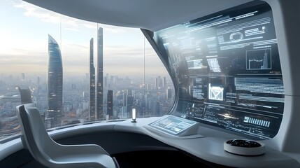 Futuristic Holographic Command Center with Panoramic City View and Soothing Rhythms Interface