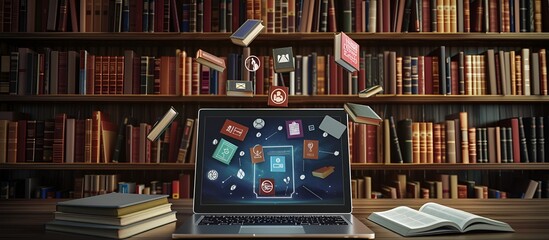 Laptop with Digital Learning and Education Icons in a Library
