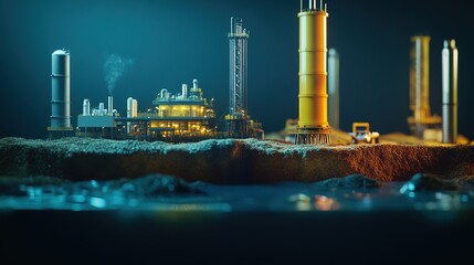 Obraz premium An illuminated offshore drilling rig operates at night, showcasing advanced technology and energy production in a marine environment