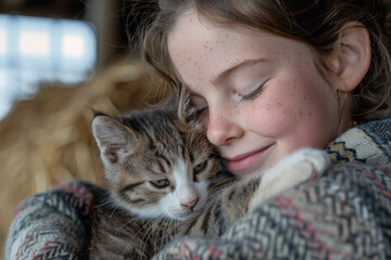 A young girl hugs a kitten in her arms, eyes closed, embodying a moment of pure joy and affection. The gentle embrace reflects a deep bond between the child and her pet