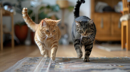 Obraz premium Two cats are running together in a spacious room, one is an orange tabby, and the other is a grey tabby, capturing a joyful moment of playfulness and energy, pet friendship content