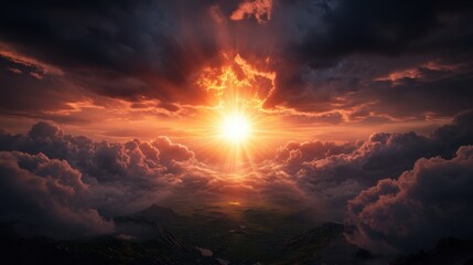 Fototapeta premium Radiant sunlight pierces through dark clouds, casting a warm glow on the landscape below.