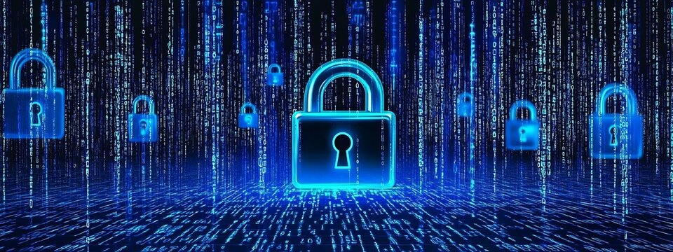 Blue digital background with a padlock symbol and binary code for a security concept vector illustration design, data protection design