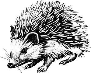 Black and white illustration of a hedgehog with spiky fur.