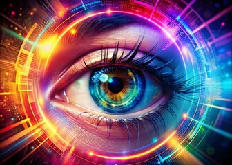 "Futuristic Augmented Eye: Double Exposure of Close-Up Technology Concept"