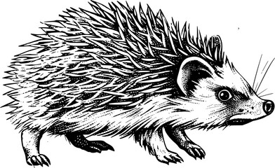 Black and white line art illustration of a hedgehog with sharp spines, facing right, with a detailed body and a small head.