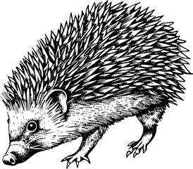 Black and white illustration of a hedgehog with spikes.