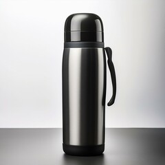 A sleek stainless steel travel thermos with a matte black finish, standing upright on a white background, clean and minimalist design