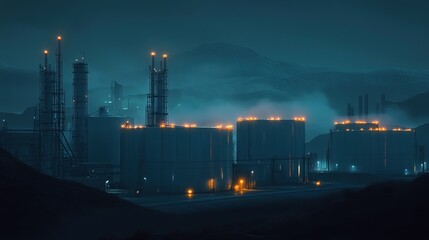 Fototapeta premium Nighttime view of an industrial oil refinery with storage tanks and illuminated skyline in the background
