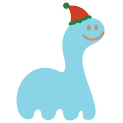 Cute illustration of dinosaur wearing winter hat for Christmas and New Year festive decoration, cartoon character, mascot, animal, sticker, happy holiday, zoo, amusement park, patch, doll, brooch, toy
