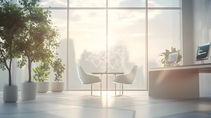 Futuristic Corporate Office with Soothing Geometric Data Visualizations and Holographic Displays