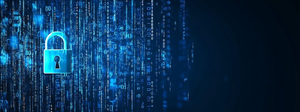 Blue digital background with a padlock symbol and binary code for a security concept vector illustration design, data protection design