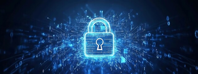 Blue digital background with a padlock symbol and binary code for a security concept vector illustration design, data protection design