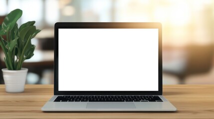 Laptop with Blank Screen on Wooden Desk