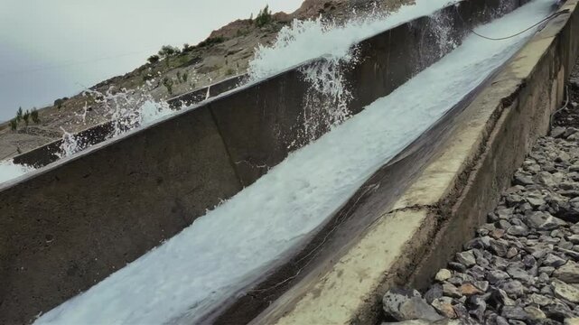 Slow motion footage of water cascading in flow over an aqueduct in Skardu city, Pakistan
