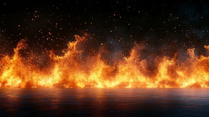 Fiery Wall of Flames Reflecting on a Watery Surface