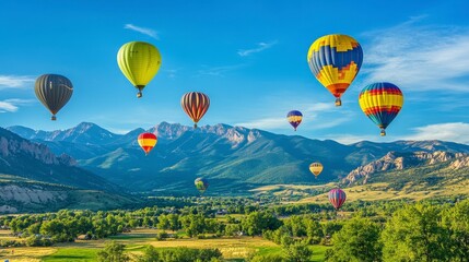 Obraz premium A vibrant scene of hot air balloons soaring over a picturesque mountain landscape.