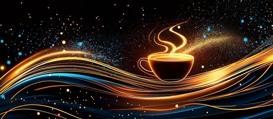 Obraz premium A steaming cup of coffee surrounded by glowing light streaks and a sprinkle of magic.