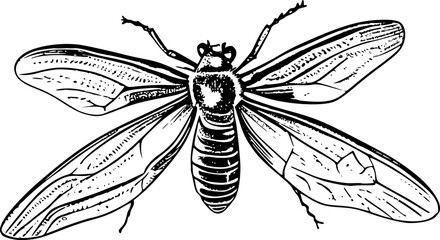 Black and white detailed line art illustration of a winged insect.