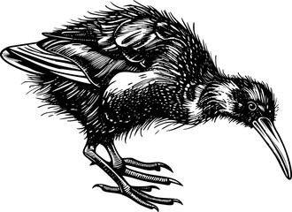 Obraz premium A detailed black and white illustration of a Kiwi bird, with its long beak and feathery body.