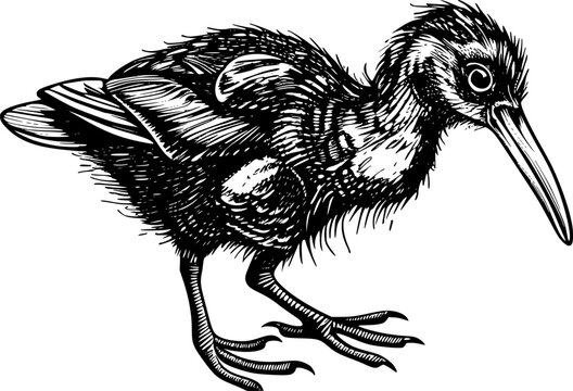 recommend clip art: Black and white line art illustration of a kiwi bird, a flightless bird native to New Zealand, standing with its beak pointing to the right.