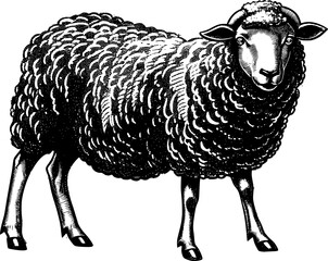 Black and white illustration of a sheep with detailed fur.