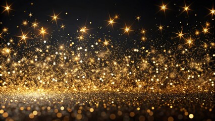 Naklejka premium Black festive background with abstract scattering of gold sparkles, holiday backdrop, festive, black, abstract