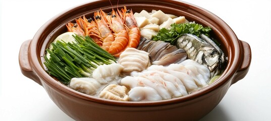 Seafood Hot Pot with Shrimp, Scallops, Clams and Fish in Clay Pot