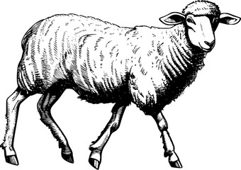 Black and white line drawing of a sheep walking.