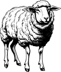 Black and white illustration of a sheep with fluffy wool looking directly at the viewer.