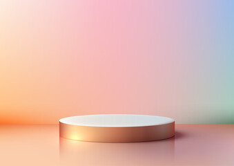 3D White Cylindrical Podium with Golden Base and Colorful Gradient Background for Cosmetic Product Displays and Showcases