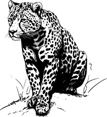 Black and white illustration of a jaguar with spotted fur. © shahadatarman 0