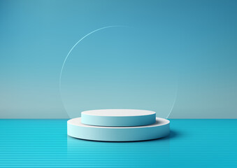 Minimalist 3D White Circular Podium Stacked on Glass Circle in Blue Sky Background, Nature Inspired Product Display and Mockup Presentation