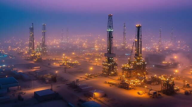 Oil extraction site featuring drilling rigs and a pump jack surrounded by vegetation in a clear blue sky