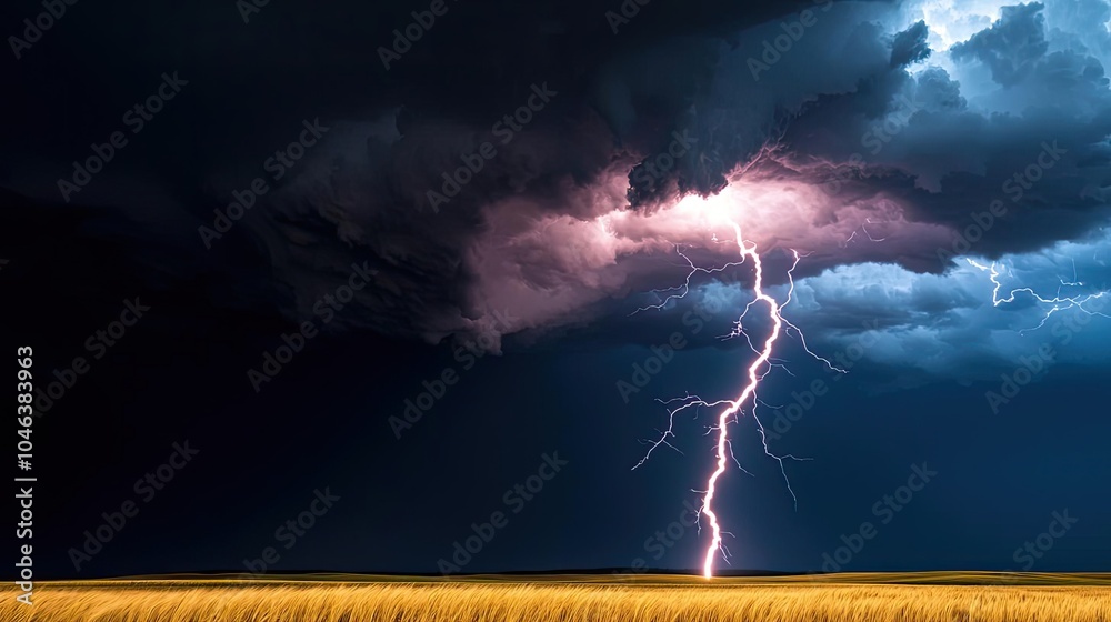 Poster lightning strikes dramatically over a golden field under dark stormy clouds.