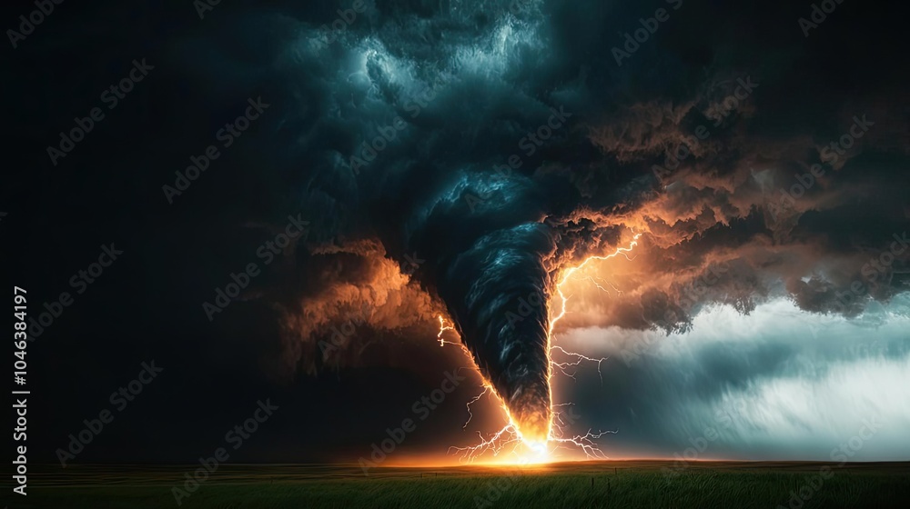 Poster dramatic tornado storm with dark clouds and lightning in the background.