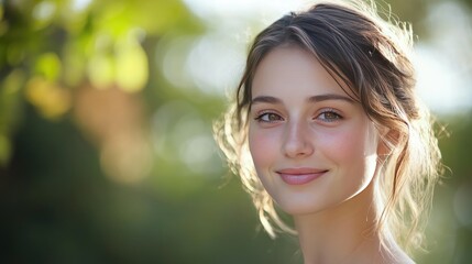 Naklejka premium A close-up portrait of a woman with a gentle smile, natural light softening her features, and the background in smooth bokeh, drawing focus to her eyes