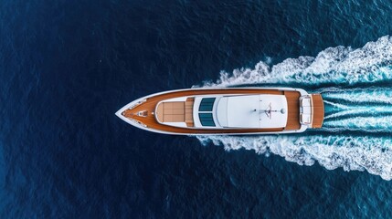 Luxury yacht cruising through deep blue ocean waters, bird's eye view.