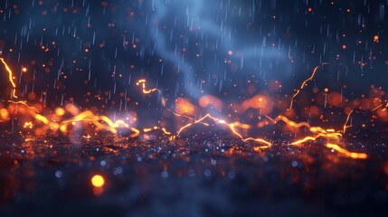 Thunderstorm creates an abstract scene of power. Lightning strikes, illuminating the dark clouds.